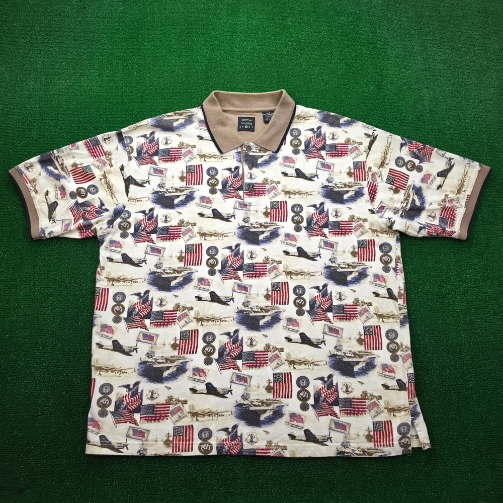 Cotton Traders Sport Patriotic Military Allover Print Polo Shirt Mens XLG